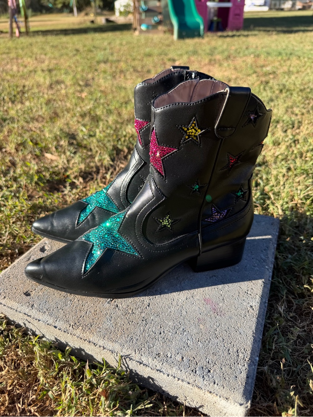 Betsey Johnson Black Western Ankle Boots with Multicolor Rhinstone Stars